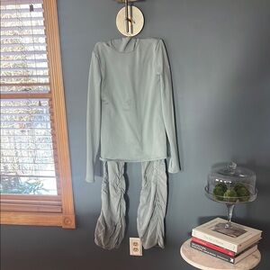 ALO mint, green scuba, hooded shirt, and cargo like pants. Super comfortable.